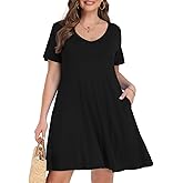 MONNURO Women's Casual Summer T Shirt Plus Size Dress Loose Short Sleeve V Neck Tunic Dress with Pocket