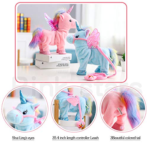 unicornio eléctrico para mascotas, correa para niños, felpa, alas rosas, juguete de peluche, cantar canción, caminar, retorcer, culo súper lindo, unicornio, niña, bebé, acompañar a un animal para dormir, juguetes blandos, regalo