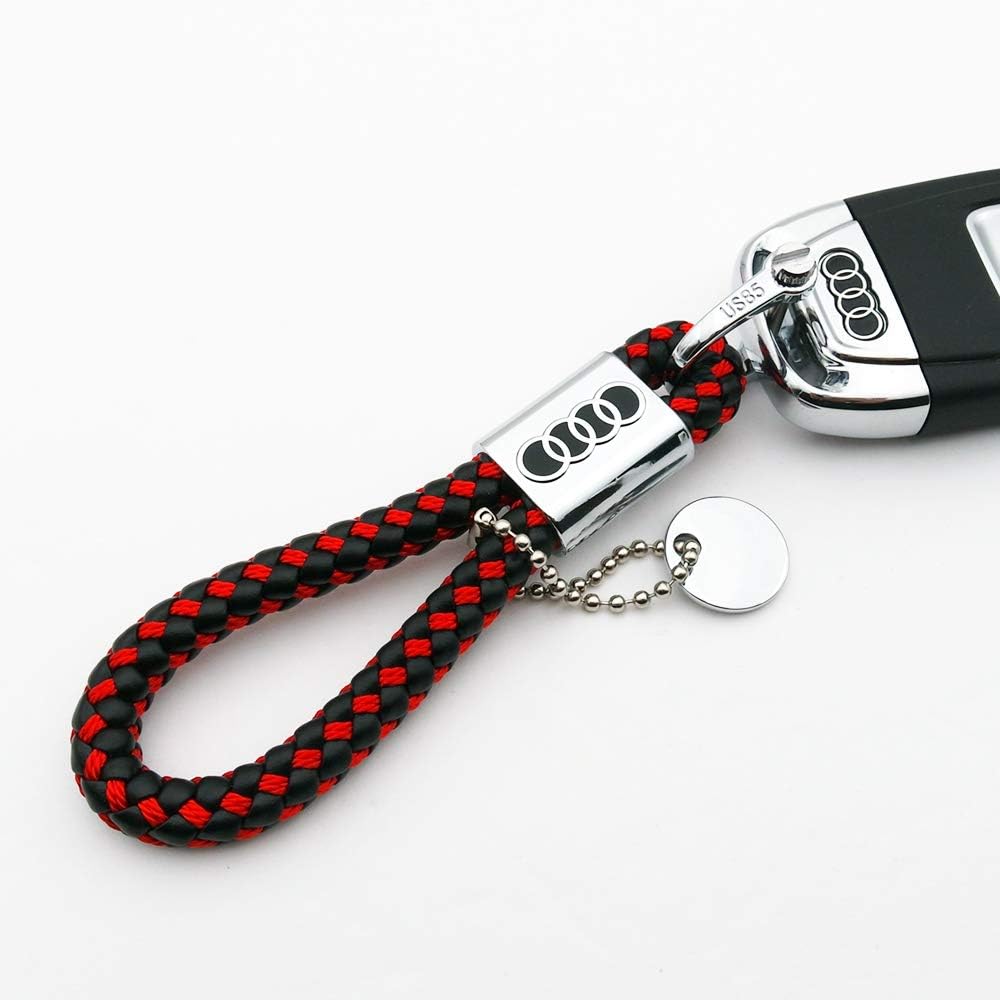 For Audi Logo Emblem Key Chain Key Ring Metal Alloy BV Style Calf Leather Gift Decoration Accessories (Black & Red)