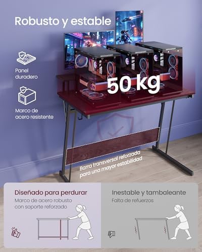 Secretária de jogos com luzes LED e tomadas de alimentação embutidas, secretária com prateleira para 2 monitores, mesa de quarto de escritório, 100 x 55 cm, preto ébano LWD191B56V2