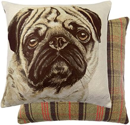EVANS LICHFIELD PUG DOG FILLED REVERSIBLE TARTAN COTTON BROWN WHITE CREAM CUSHION 43CM - 17"