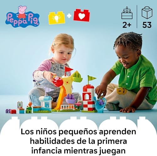 LEGO Duplo Peppa Pig Parque de Diversões Feira com Roda Gigante e Brinquedo Slide e 3 Figuras, Jogo para Classificar por Cores e Desenvolver Habilidades Motoras Finas para Meninas e Meninos 2+ Anos 10453
