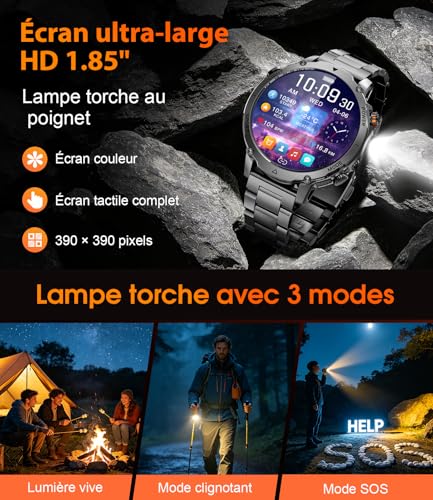 LIGE Men's Smart Watch, 1400 mAh Battery, 1.85 Inch HD Screen, LED Lamp, 110+ Modes Sport Military Watch Men, Sleep Tracking, IP68 Waterproof, Smartwatch for Android iOS, 2 Wristbands