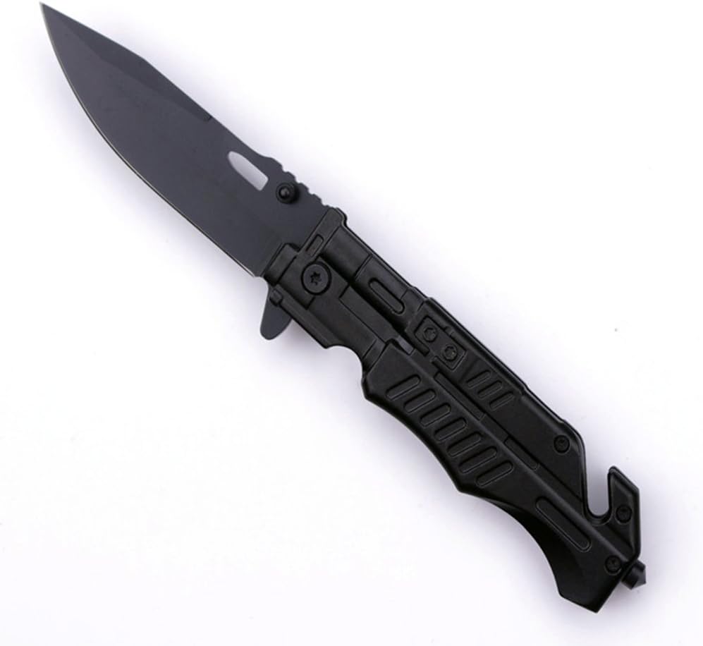 Morpho Diana Escape Folding Knife Built-in Strap Cutter & Glass Breaker, Hardcased Black 3.4" Blade, Aluminum Handle (black blade)
