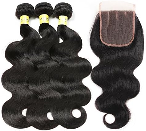 Mureen Brazilian Hair 3 Bundles with Closure Body Wave 4×4 Virgin Hair Lace Closure with Bundles Unprocessed Human Hair Extensions Weave Weft With Closure Natural Color (20 22 24 +18, Three Part)