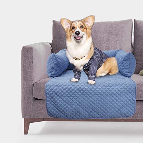 Topones Pet Furniture Protector Cover for Small Medium Dogs & Cats with Bolster- Removable Cover Non-slip Bottom-Blue