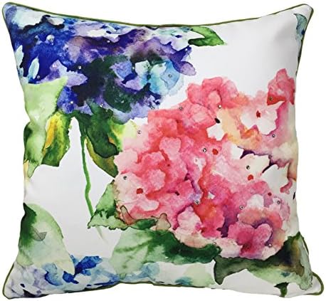 Watercolor Printed Floral Square Throw Pillow Case for Sofa, Contrasted Welt, Flowers with Beads Embelishment on Canvas Fabric, 20"X20", 1PC (Poppies)