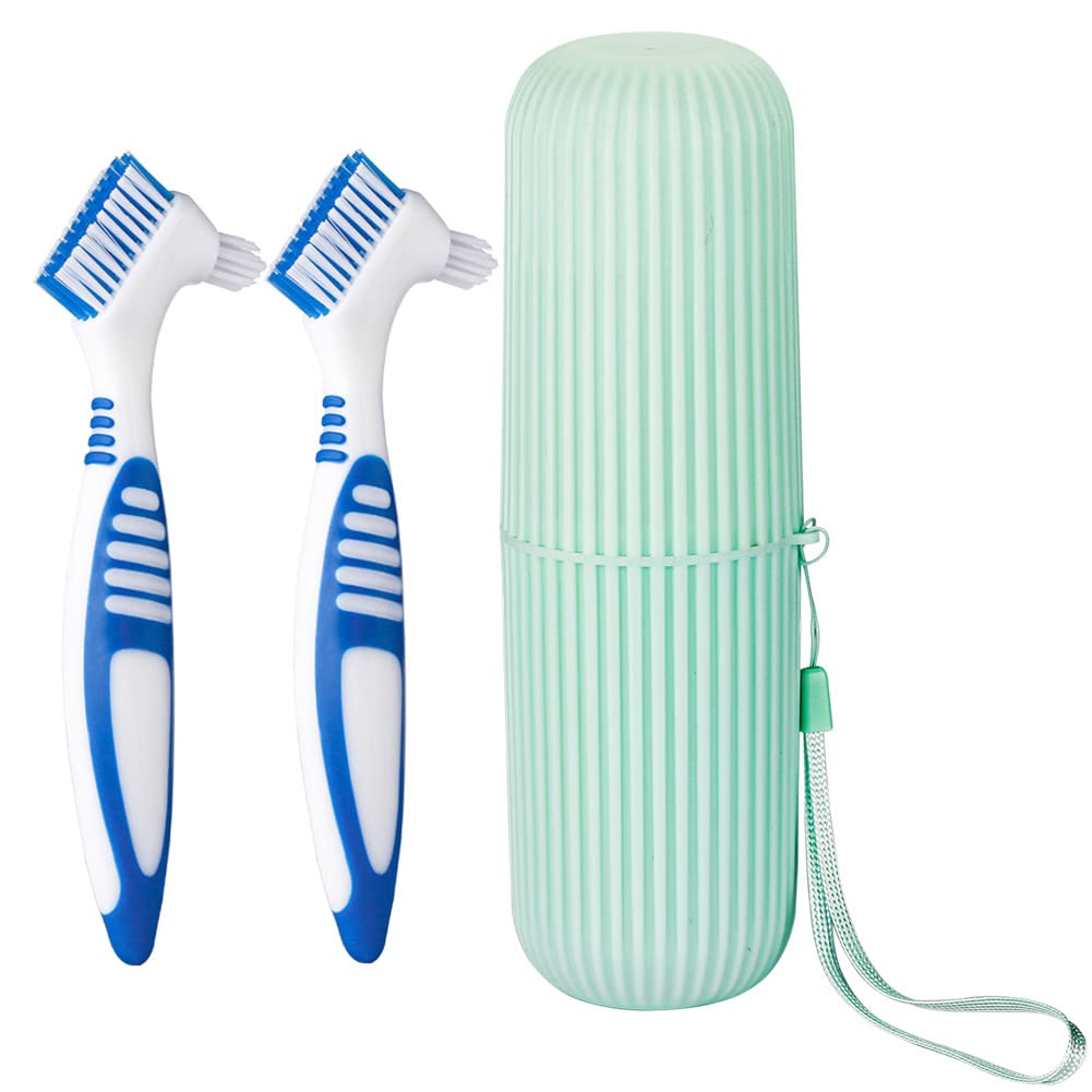 Photo 1 of Anbbas 2pcs Double Bristle Head Denture Brush Dental Cleaning Brush with Portable Toothbrush Cup Holder, Properly Clean Oral Appliance