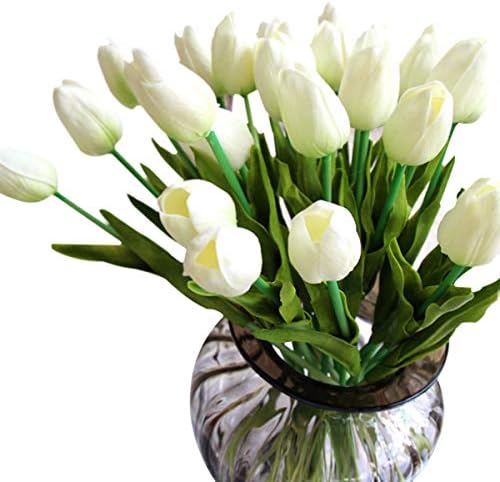 GKONGU Tulip Bouquet Bunch Of 10 Pieces Realistic Latex Artificial Tulip Natural Vibrant Tulip Flowers For Room Party Wedding Decoration (White)