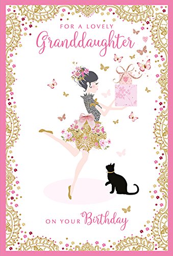 Greeting Card (NQ7417) Granddaughter Birthday - Girl with Gifts and Black Cat - Pizazz Range - Foil Finish