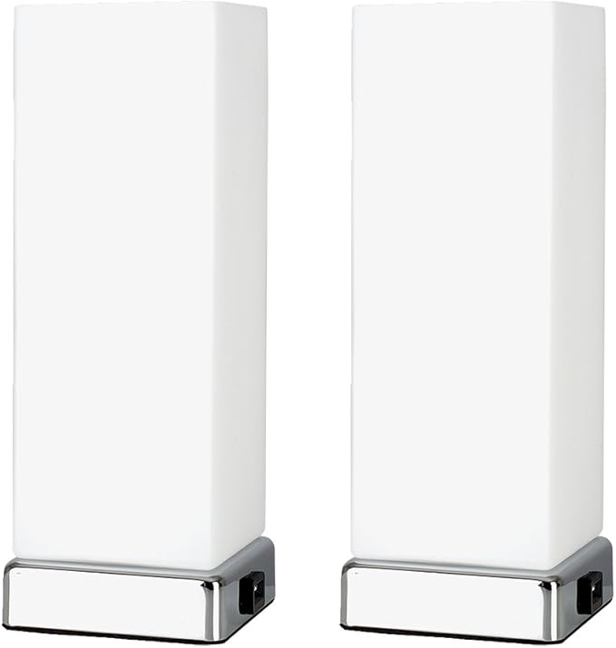 Pair of Modern Chrome & White Frosted Glass Bedside Touch Table Lamps
