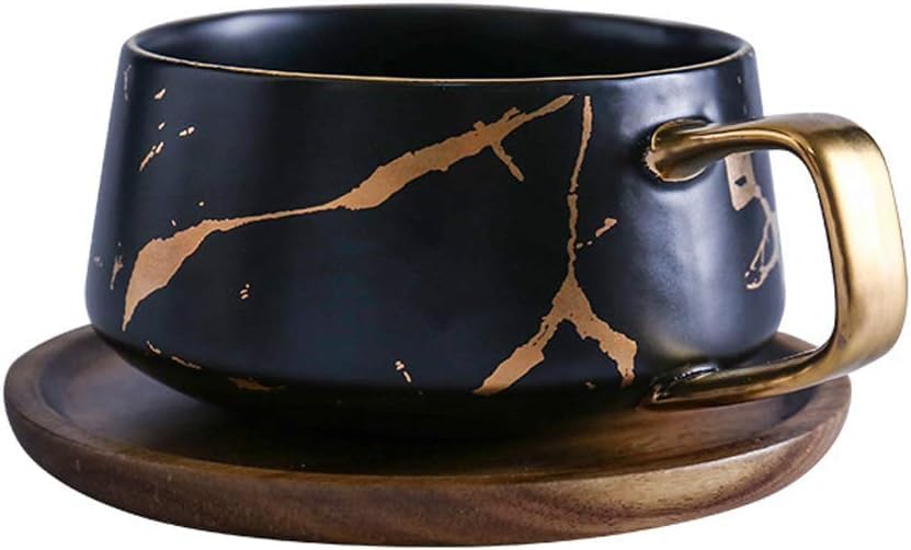 LIBFITH Coffee Mug, Tea Cup, Ceramic Cup, Gold Design with Wooden Plate (Black with Tray)