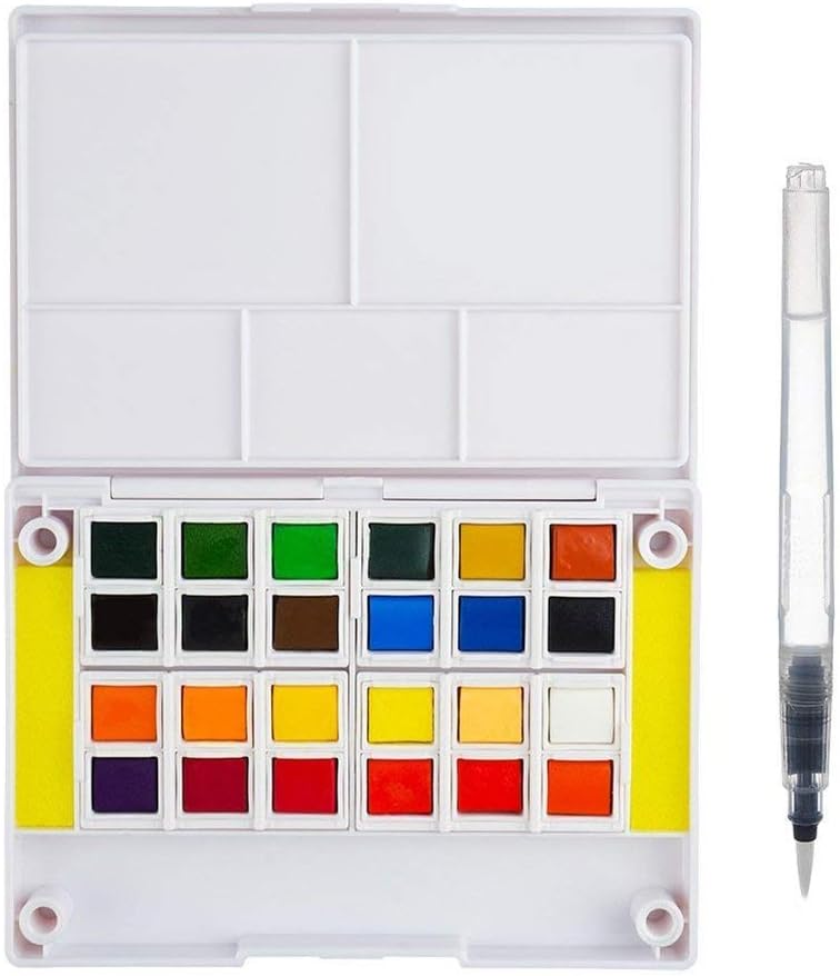 Watercolor Art Paint Set for adults and kids Portable Travel Watercolor Kit - Watercolor Field Sketch Set includes 1 Water Brush pens - 2 Sponges and 1 Mixing Palette (24 Colors)