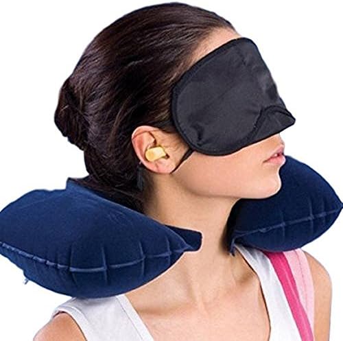 ONEK 3 in 1 Travel Sleep Support - Neck Pillow, Eye Mask and Ear Plugs, Inflatable Pillow (Dark Blue)