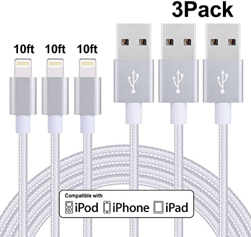Eashion iPhone Charger 3Pack 6FT Nylon Braided Lightning Cable Cord Compatible with iPhone 7/7 Plus/6/6 Plus/6S/6s Plus/SE/5S/5/5, iPad, iPod and More (Black) … (silver)