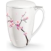 immaculife Tea Cup with Infuser and Lid for Steeping Loose Leaf Tea Bag Coffee Milk Women Office Home Gift 16oz Peach Blossoms