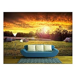 Beautiful Sunset Lighting a Field with Hay Rounds Producing Brilliant and Amazing Colors. - Removable Wall Mural | Self-Adhesive Large Wallpaper - 66x96 inches