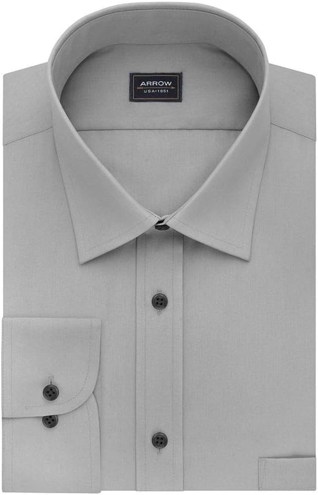 Mens Athletic Fit Solid Poplin Spread Collar Dress Shirt Grey