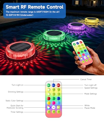 Solar Float Lights for Swimming Pool, 7 Colors RGB + Running Effect, IP68 Waterproof, 4 Brightness Levels, 10m Remote Control, Timer 2/4/6h - for Pool, Pond, Garden, Party Decoration
