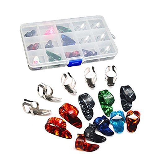 Pakala66 Electric Acoustic Guitar Finger Picks Thumb Picks Set Guitar Picks with Grid Case Storage Box-Pack of 15 (A)