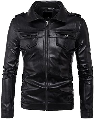 UUYUK Mens Classic Lapel Zipper Motorcycle Slim Fit Jaket Black US 3XL