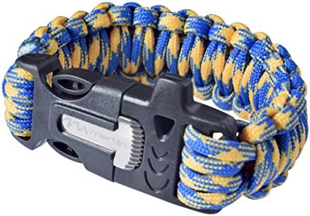 Paracord Survival Bracelet [Camping, Hunting, Fishing], Mertlin Survival Bracelet with Fire Starter, Emergency Whistle and Scraper/Knife, Paracord 550, Basic Survival Gear, Blue Yellow Camo, Large