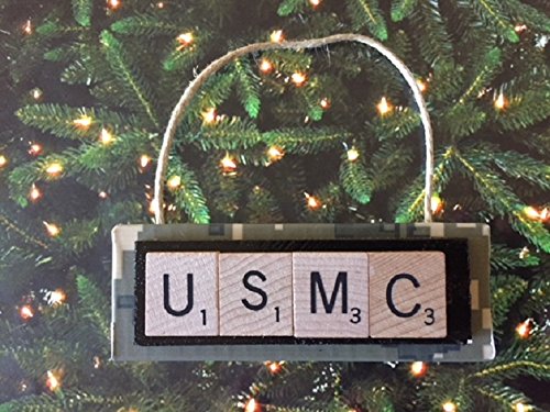 USMC Marines Scrabble Tiles Ornament Handmade Holiday Christmas Wood