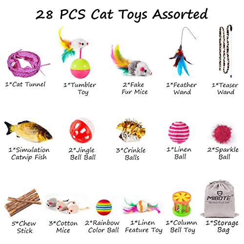 MIBOTE 28Pcs Cat Toys Kitten Toys Assorted, Cat Tunnel Catnip Fish Feather Teaser Wand Fish Fluffy Mouse Mice Balls and Bells Toys for Indoor Cat Puppy Kitty Interactive Cat Toy Set