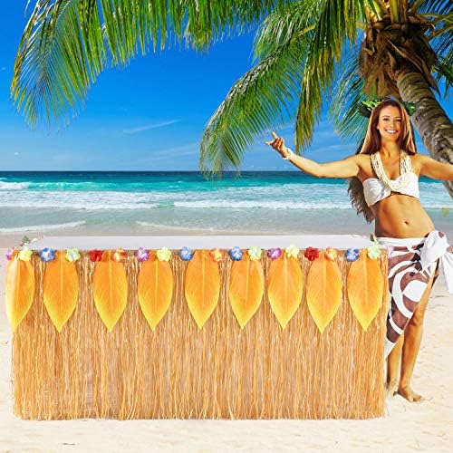 Hawaiian Luau Grass Table Skirt 9ft Raffia Table Skirt with Yellow Luau Leaf and Hula Hibiscus Flower for Luau Party Supplies, Hawaiian Tropical Party Decorations,Moana Party Supplies