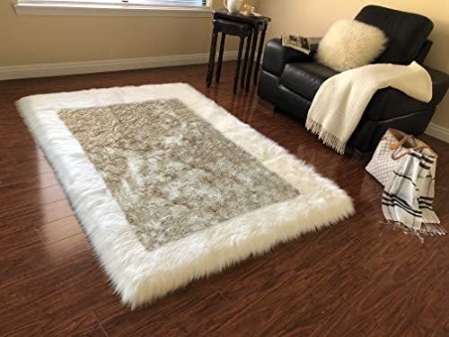 Lambzy Faux Sheepskin White Border Area Rug (10'x14', White/Brown Tips)