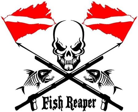 Fish Reaper Skull Diver Flag Speargun OriginalStickers0300 Set of Two (2X) Stickers , Laptop , Car , Truck , Size 4 inches on Longer Side