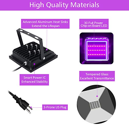 Exulight UV Black Light Outdoor, High Power 30W Ultraviolet LED Flood Light, 85V-265V AC IP66 Waterproof for Party Supplies Curing Glue Fishing Aquarium DJ Disco Birthday Wedding Stage Lighting (30)