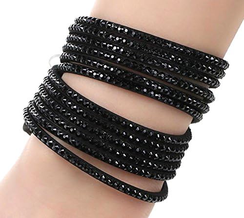 Best Wing Jewelry Fashion "Crystal Rhinestone Multi-layer" Suede Velvet Wrap Wristband Bracelet - Adjustable (Black)