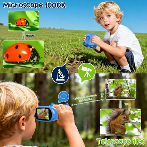 Temodu 2-in-1 Microscope for Children and Binoculars for Children, Toy, 4K 2.0 Inch Screen, for Observing, Hunting, Hiking, Rechargeable Portable Binoculars, Science Outdoor from 3 Years (Blue)