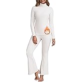 WOWENY Long Johns Thermal Underwear for Women Fleece Lined Base Layer 2 Pieces Pajama Set Cold Weather Lace V Neck Top Bottom
