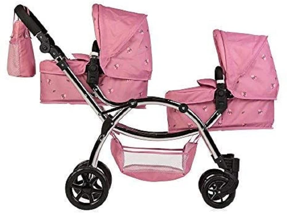 Roma Twin Dolls Pram - Realistic Double Dolls Pushchair for Ages 3-16, Adjustable Handle, 16 Combinations, Ideal Toy Pram for Reborn Dolls, Includes Bag & Basket (Darcie Pink)