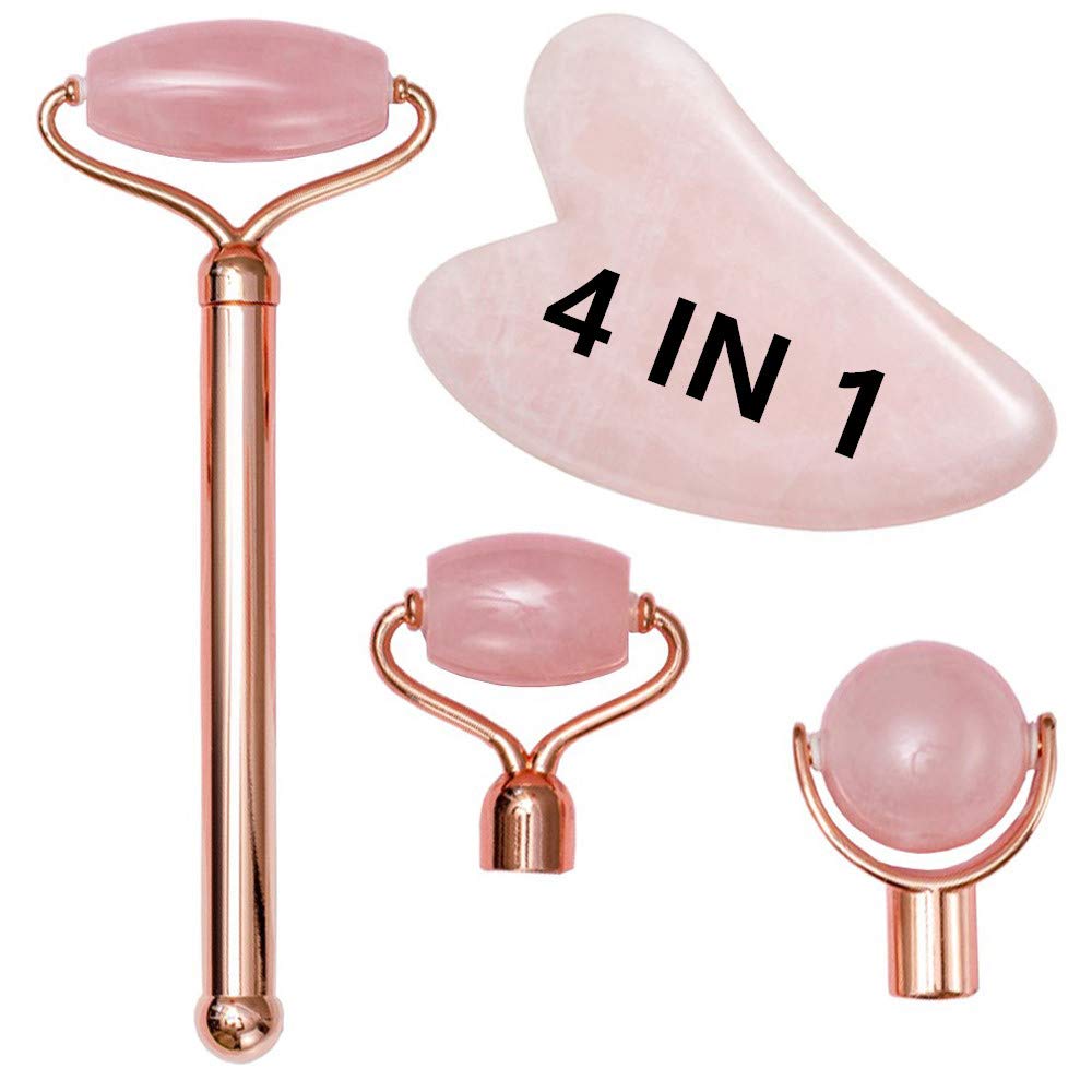 Facial Roller，4 in 1 Rose Quartz Facial Jade Roller & Massager, 4 Changeable heads Facial Skin Care Tools for Face Roller, Eye, Neck, Body: Beauty