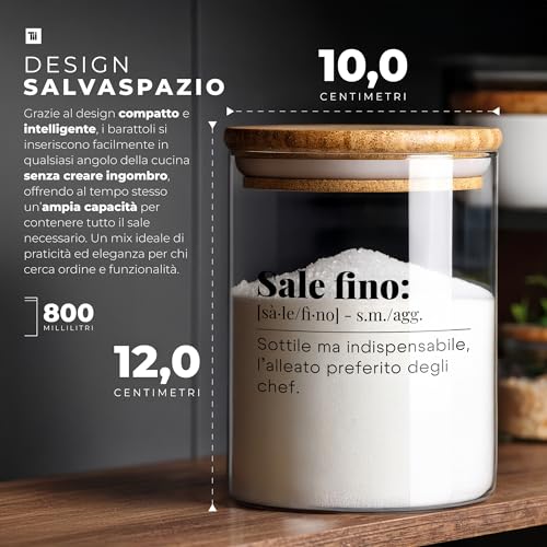 Tundra Set of 2 Fine and Coarse Salt Jars in Borosilicate Glass with Airtight Closure 800 ml – Salt Holder with Bamboo Lid, Glass Kitchen Spice Containers