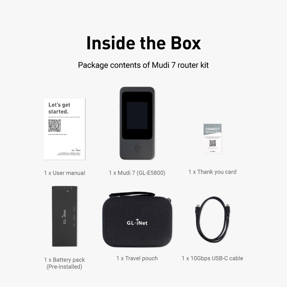 GL.iNet MUDI 7 (GL-E5800) Wi-Fi 7 5G Router mit eSIM & Dual-SIM, 2,8" Touch, Tri-Band bis 5,76 Gbps, 2,5G LAN, 700Mbps VPN, 13,5h Akku — Mobiler Hotspot für Reisen & Live-Stream 9