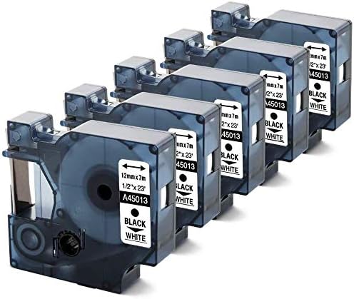 AOJE Compatible Label Tape Replacement for Dymo 45013 Label Cassette Work with Dymo LabelManager 160 LabelManager 280 LabelManager 360D LabelWriter 450 Duo, Black on White, 1/2'' W x 23' L, 5-Pack