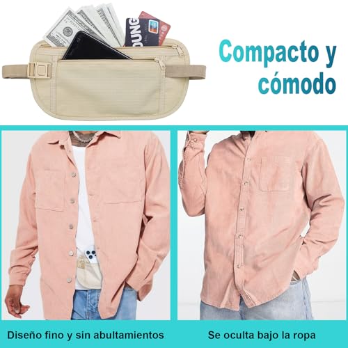 2 Piezas Cinturón de Viaje Antirrobo - Bolsa Oculta Ultradelgado para Pasaporte, Efectivo, Tarjetas - Cremallera Segura Invisible y Cinturón Regulable - Ligero para Viajar, Deporte cartera antirrobo