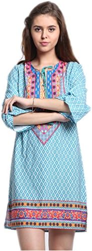 Alinsan Women's Casual Summer Neck Tie Vintage Printed Ethnic Style Shift Dress(Large)