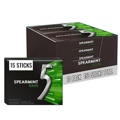 5 Gum Spearmint Rain Sugar Free Chewing Gum Bulk, 15 Stick Box (Pack of 10)