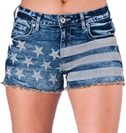 Women's American Flag Pattern Embroidery Jeans Star Pattern Washed