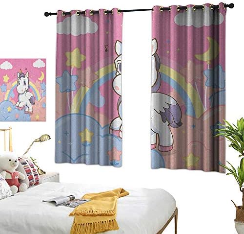 Bedroom Curtain W63 x L45 Teen Girls,Unicorn with Rainbow and Music Notes Clouds in The Sky Fantastic Art Print, Pink Yellow Living Room Dining Room Kids Youth Room Window Drapes