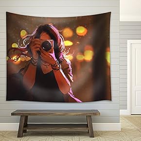 Illustration - Painting of Woman with Camera on Night City Background,Illustration - Fabric Wall Tapestry Home Decor - 51x60 inches