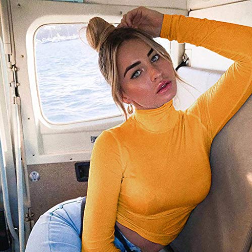 Keliay Bargain Fashion Women High Turtle Neck Leotard Crop Tops Long Sleeve T-Shirt Blouse