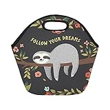 InterestPrint Insulated Lunch Tote Bag Cute Baby Sloth Reusable Neoprene Cooler, Follow Your Dream Quote Portable Lunchbox Handbag for Men Women Adult Kids Boys Girls