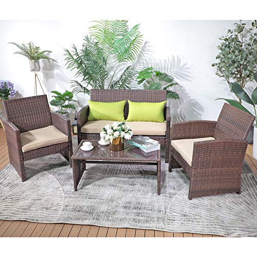 Patiorama 4 Pieces Outdoor Patio Furniture Sets Garden Rattan Chair Wicker Set, Poolside Lawn Chairs with Tempered Glass…