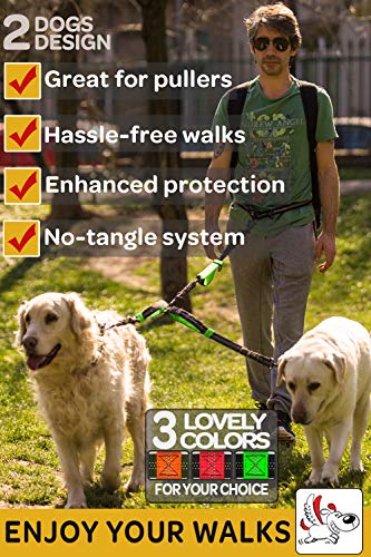 Pet Dreamland Hands Free Leash - for One/Two Medium to Large Dogs (up to 150lbs) - Running/Hiking/Dog Training - Heavy Duty Extra Long Bungee Lead - Waist Leashes for Dogs (Two Dogs, Black & Green)